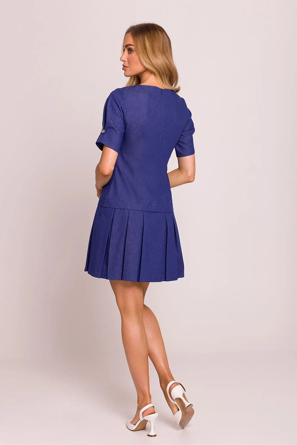 Robe de jour Moe en coton haute qualité taille basse manches courtes boutons décoratifs jupe plissée bleu indigo