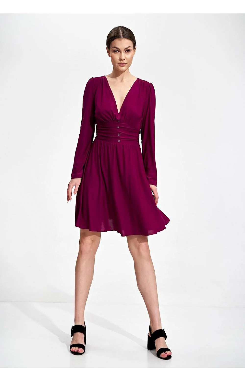 Robe de jour élégante évasée genou manches longues décolleté bateau ceinture boutons sans doublure polyester élasthanne femme