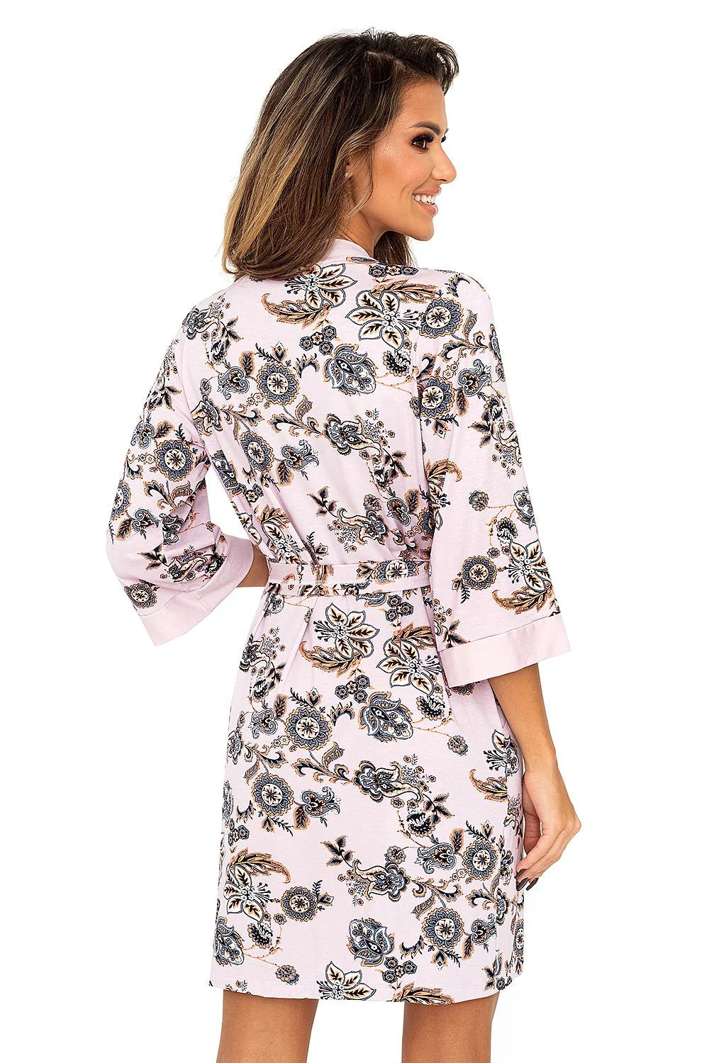 Peignoir Donna élégant style kimono floral rose pâle viscose elasthanne poches ceinture