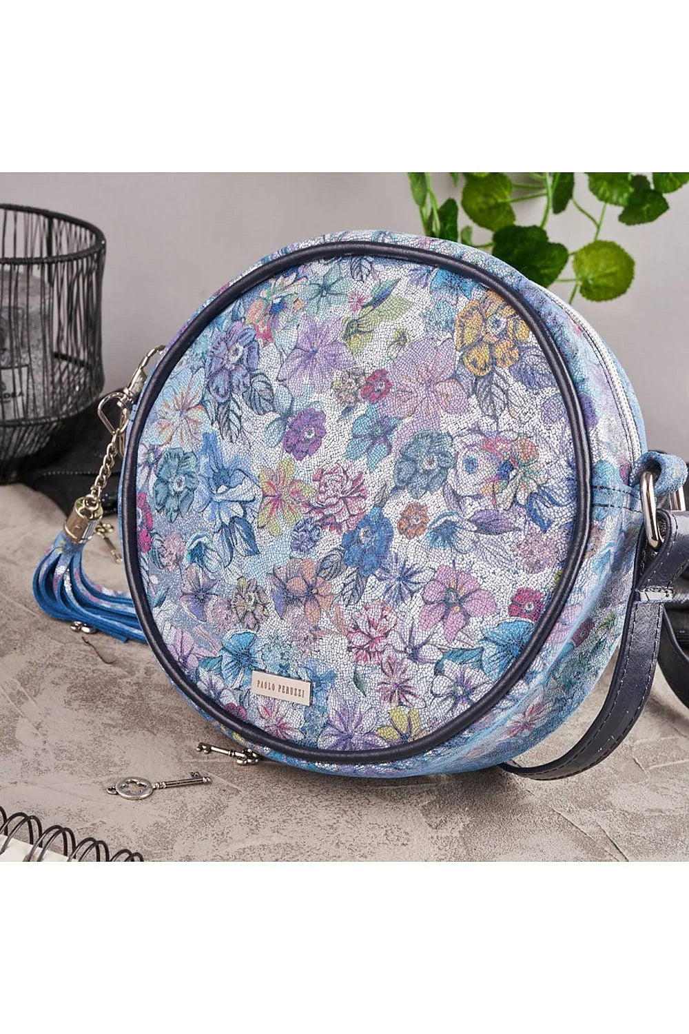 Sac à main artistique rond femme cuir naturel motif floral mosaïque multicolore bandoulière métallique occasions spéciales style audacieux