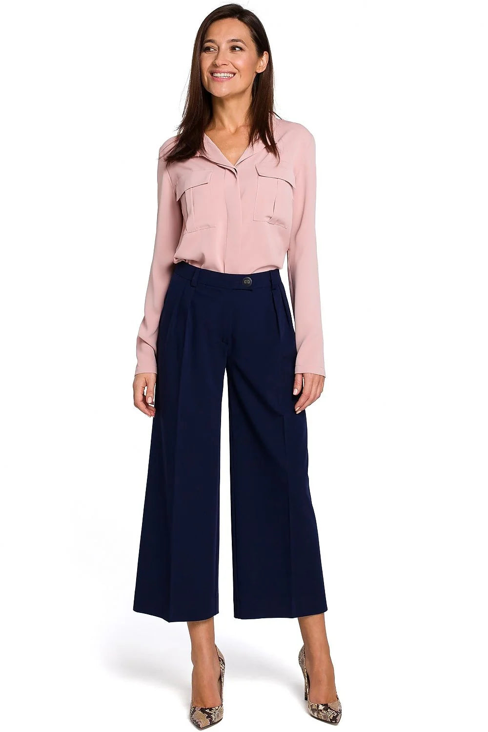 Pantalon femme Stylove élégant ample noir matières confortables taille haute boutons fermeture éclair hanches larges style intemporel occasion professionnelle décontractée