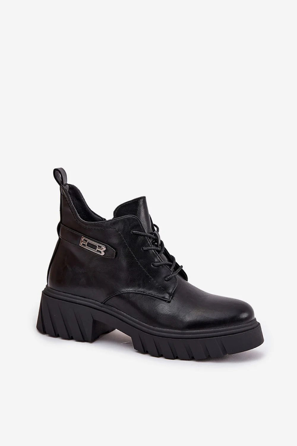bottines femme Jezzi cuir écologique noir lisse tige montante bout arrondi semelle plateforme crantée talon bloc laçage fermeture