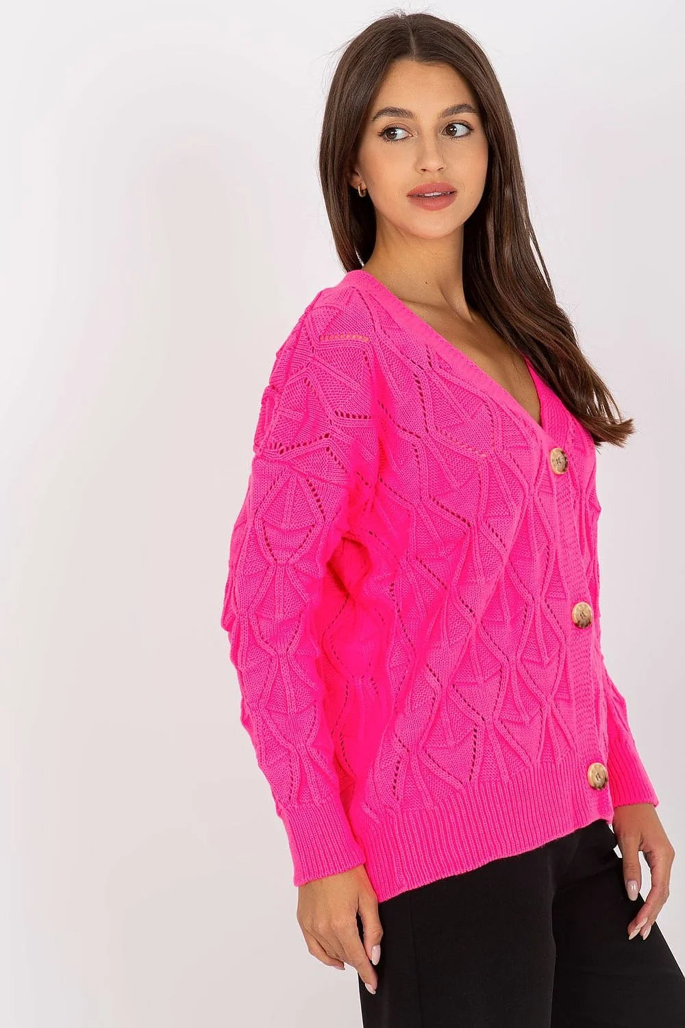 Cardigan Rue Paris rose vif motif maille ajouré manches longues encolure en V boutons beige