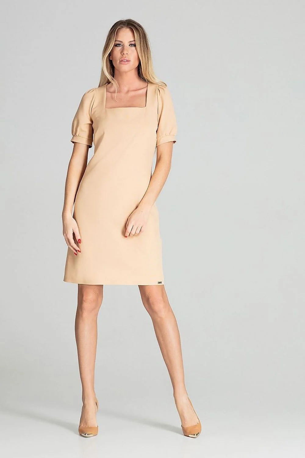Robe élégante polyester bleu coupe droite genou manches courtes puffed femme style moderne sophistiqué