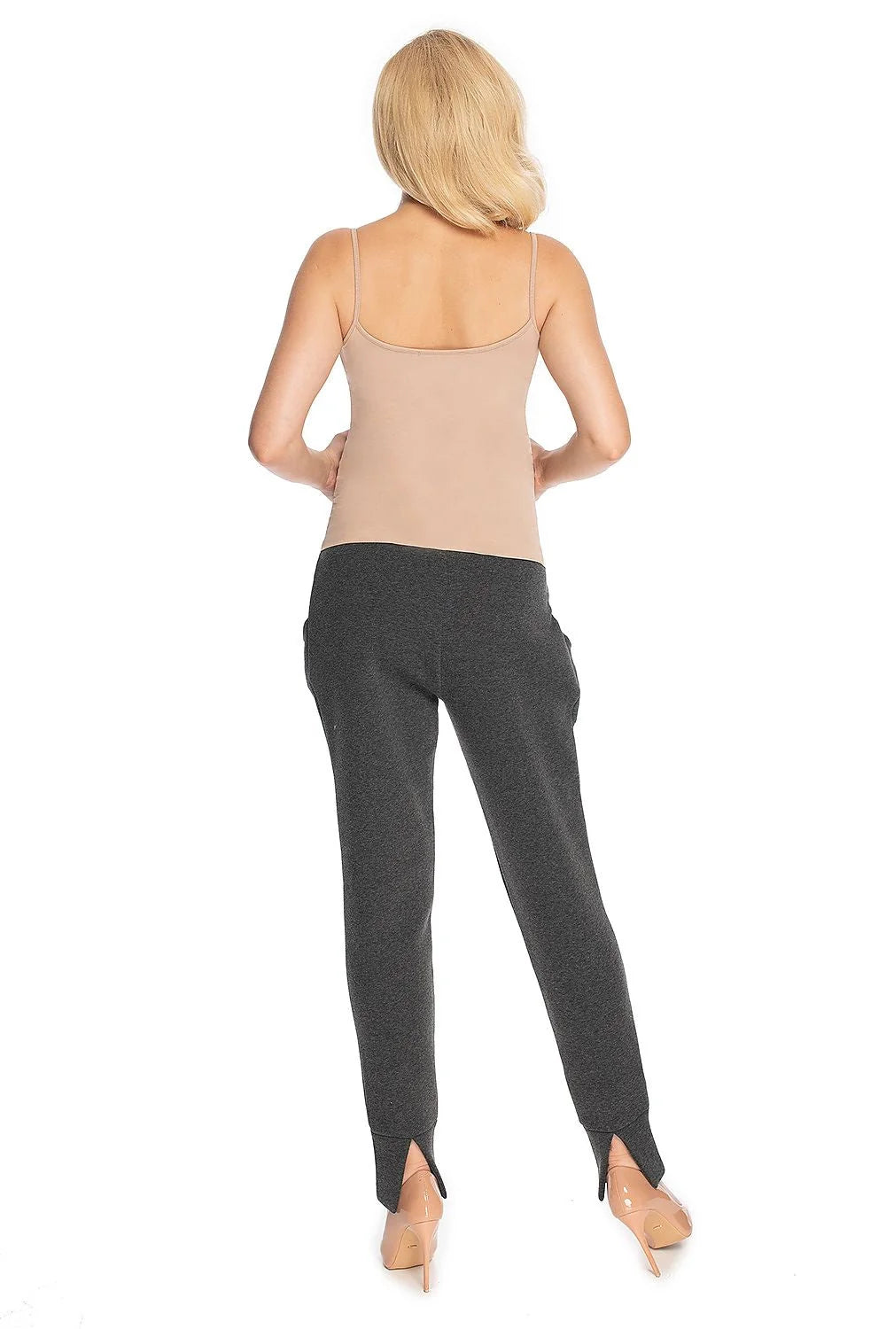 pantalon maternité confortable ceinture élastique bande ventrale haute extensible coupe fuselée chevilles côtelées coton stretch molletonné gris anthracite poches italiennes