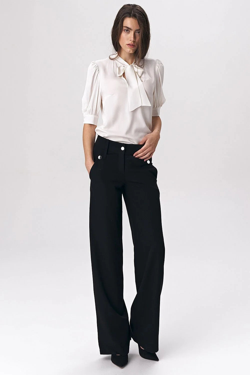 Pantalon palazzo noir en laine mélangée, coupe large élégante pour bureau et occasions spéciales