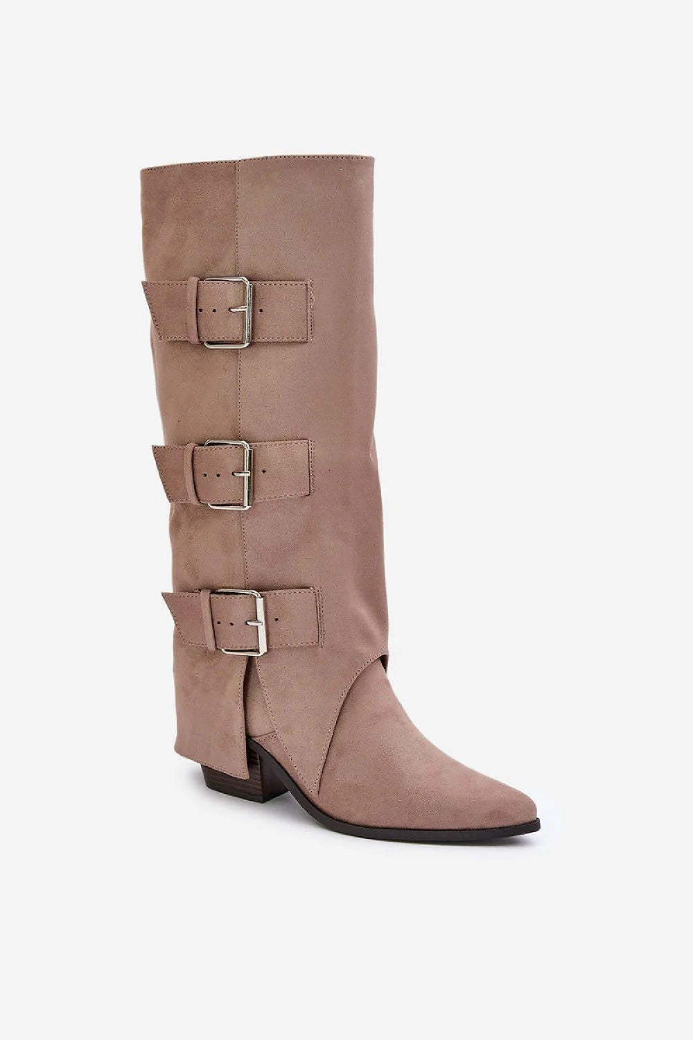 bottes mi mollet taupe suédine tige effilée bout pointu talon bloc moyen trois sangles boucles argentées fermeture éclair intérieure cheville