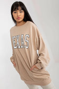 tunique oversize beige molleton doux longue femme TEXAS logo imprimé varsity blanc bordé noir encolure ronde manches longues
