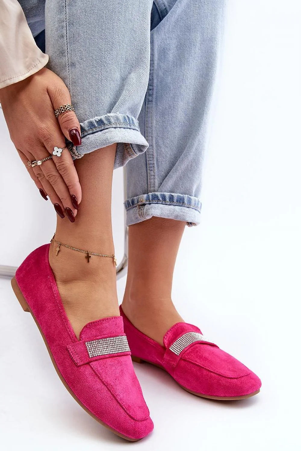 Moccasins pour femmes élégants en suédine écologique, style moderne, talon plat, strass, confort tout le jour, tailles 36-41