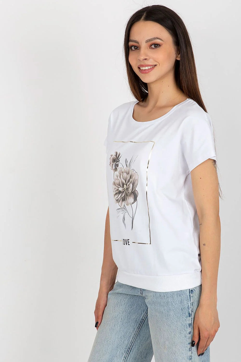 Chemisier femme design décontracté et élégant imprimé floral métallisé mot LOVE couleur blanche polyvalent et tendance