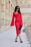 Robe de jour élégante Roco Fashion longueur midi décolleté carré manches évasées tissu élastique ajustement parfait femme