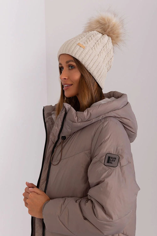 Bonnet d'hiver Rue Paris en laine acrylique beige pompon fourrure écossais style moderne femme