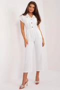 combinaison femme élégante confortable polyester blanc boutons marron taille élastique coupe ample jambe raccourcie poches poitrine col chemise