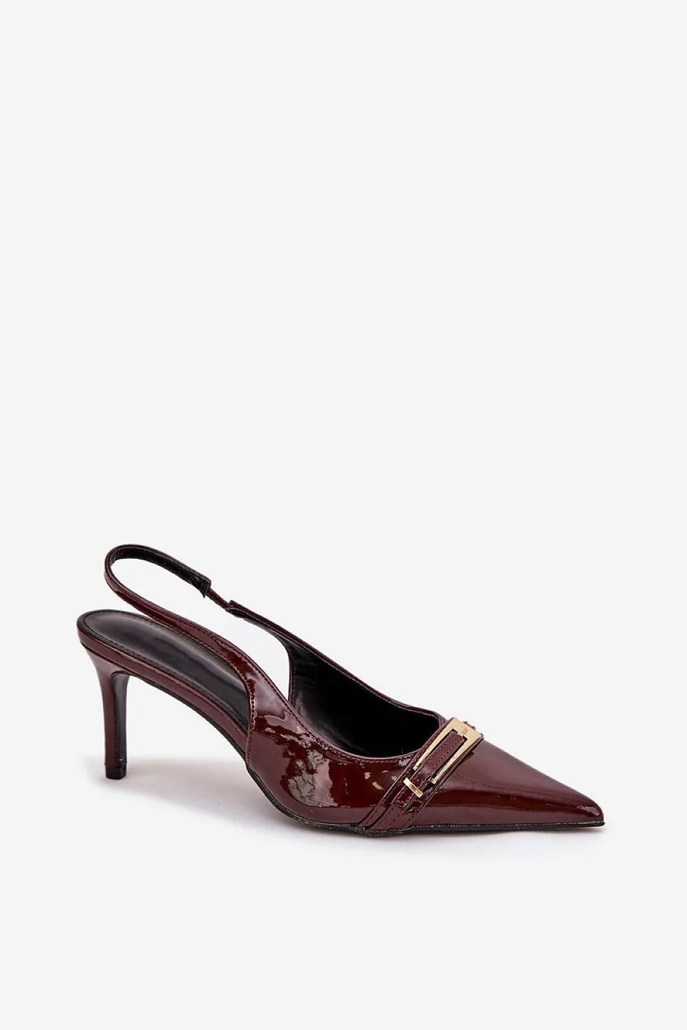 escarpins slingback femme bout pointu cuir verni bordeaux talon aiguille moyen élégant boucle dorée décorative bride arrière élastiquée