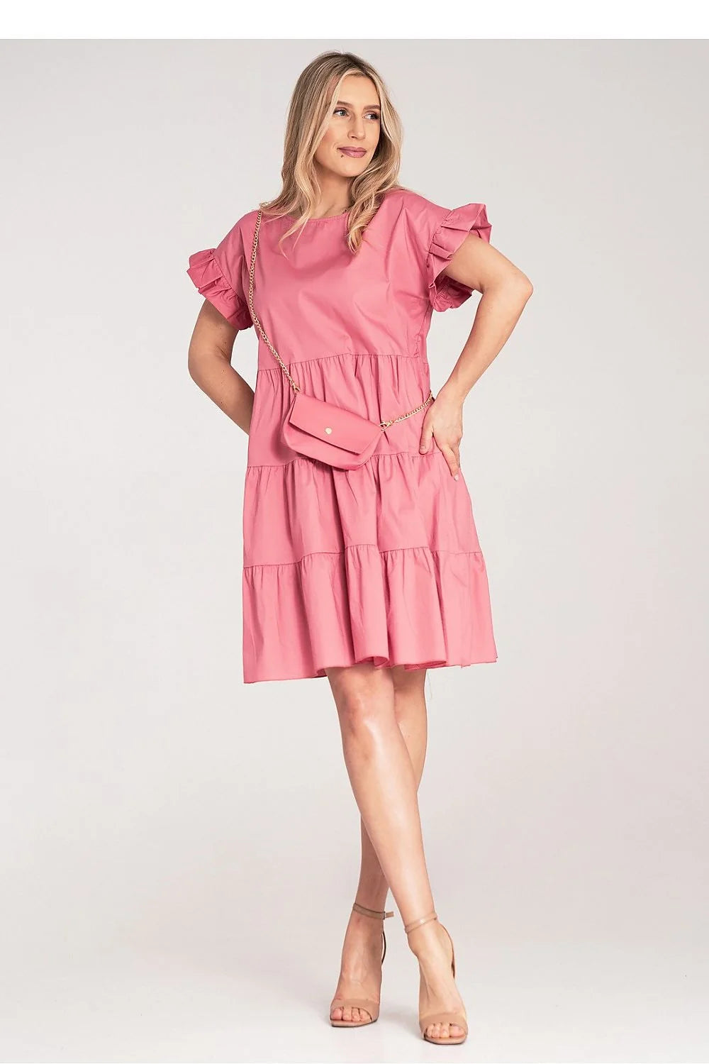 Robe de jour moderne avec volants en coton rose vif pour femme, taille empire, manches courtes, occasion décontractée ou semi-formelle