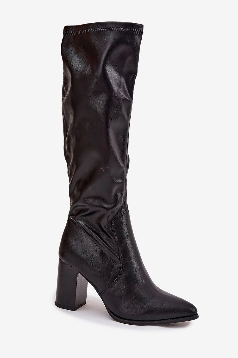 bottes hautes femme cuir synthétique noir effet lisse bout pointu talon bloc moyen maintien stable tige genou froncée
