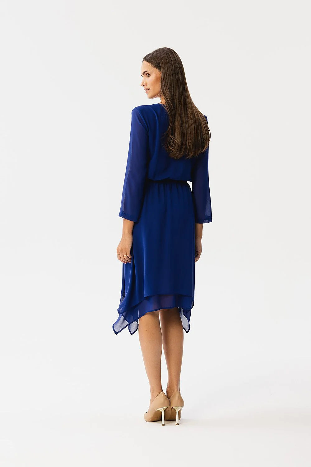Robe de cocktail élégante bleu vif asymétrique longues manches V-neck élastique taille femme semi-formelle