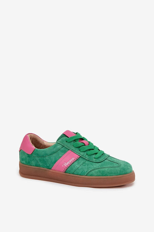 baskets femme Vinceza daim suédé vert émeraude empiècements fuchsia lacets semelle gomme marron bout rond col rembourré surpiqûres