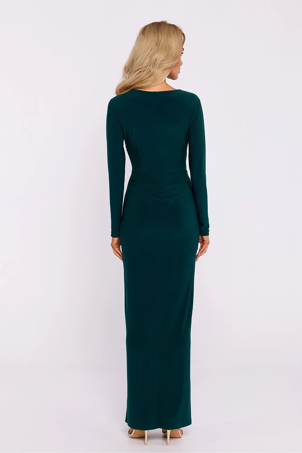 Robe de soirée élégante longue en vert émeraude manches longues fente haute drapé central femme