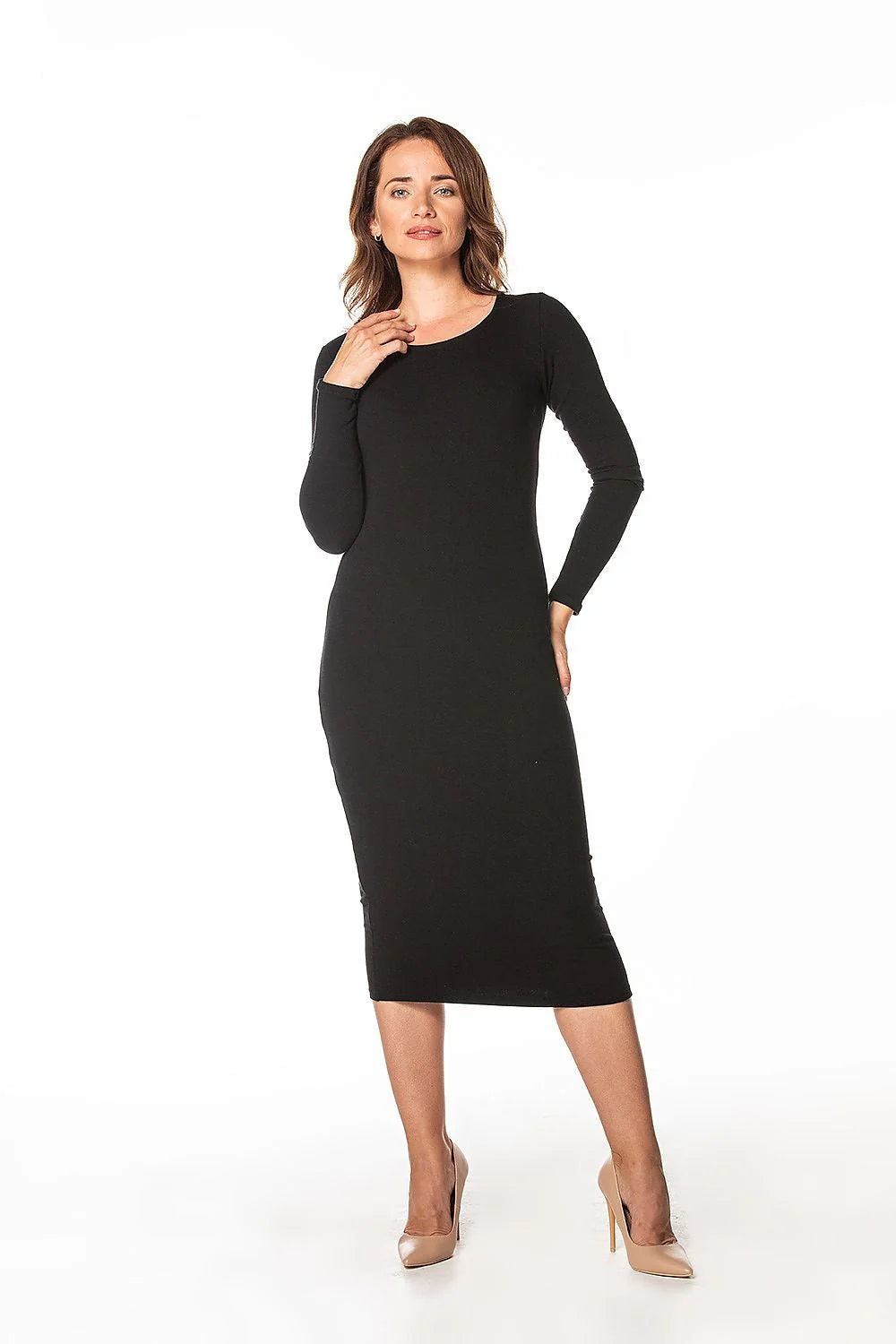 Robe de jour élégante ajustée manches longues col rond en coton polyester noir femmes taille unique