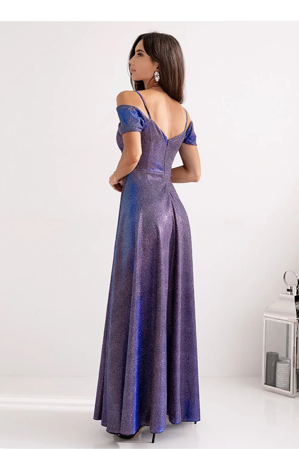 Robe de soirée élégante longue manches longues en V dos nu épaules transparentes taille ajustée fente latérale femme