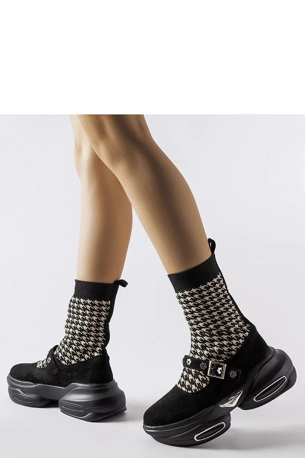 bottines femme stretch tricot ajustées pieddepoule noir beige semelle épaisse plateforme sculptée inserts argentés bride bouclée décorative fleurs rivets élégante