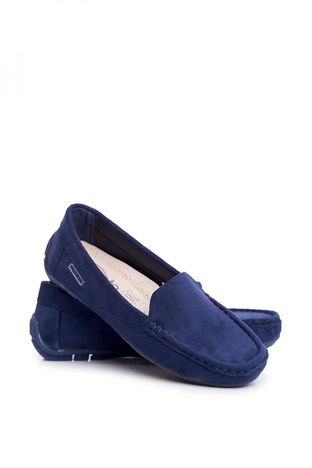 mocassins femme daim bleu gris veloutés élégants intemporels confortables slipon bout arrondi surpiqûres semelle caoutchouc bijoux cheville dorés