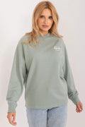 Sweatshirt femme design décontracté coupe ample manches longues épaules tombantes encolure ronde vert sauge brodé blanc