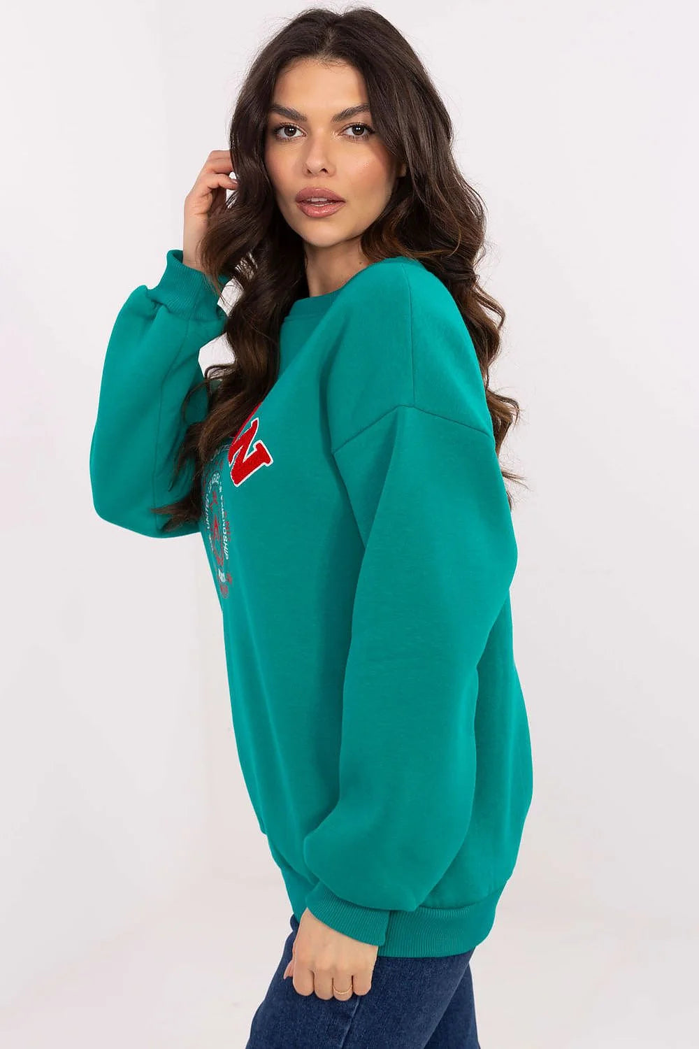 Pull molleton Boston design universitaire femme coton polyester vert émeraude manches longues encolure ronde coupe ample