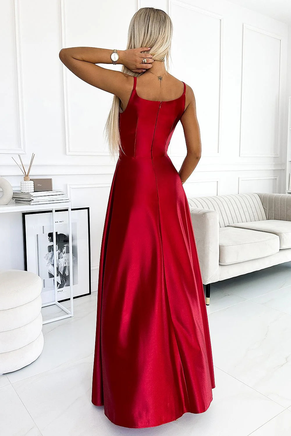Robe longue élégante en satin rouge sans bretelles fente jupe robe soirée mariage réveillon femme
