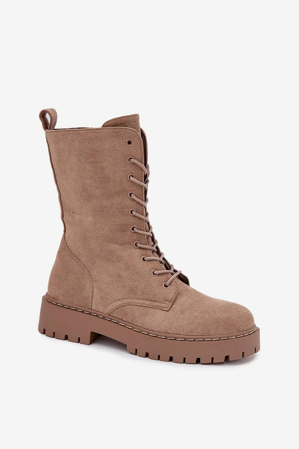 bottines workery femme suédine écologique taupe montantes mi mollet lacets fermeture éclair latérale plateau talon bloc semelle crantée coutures surpiquées