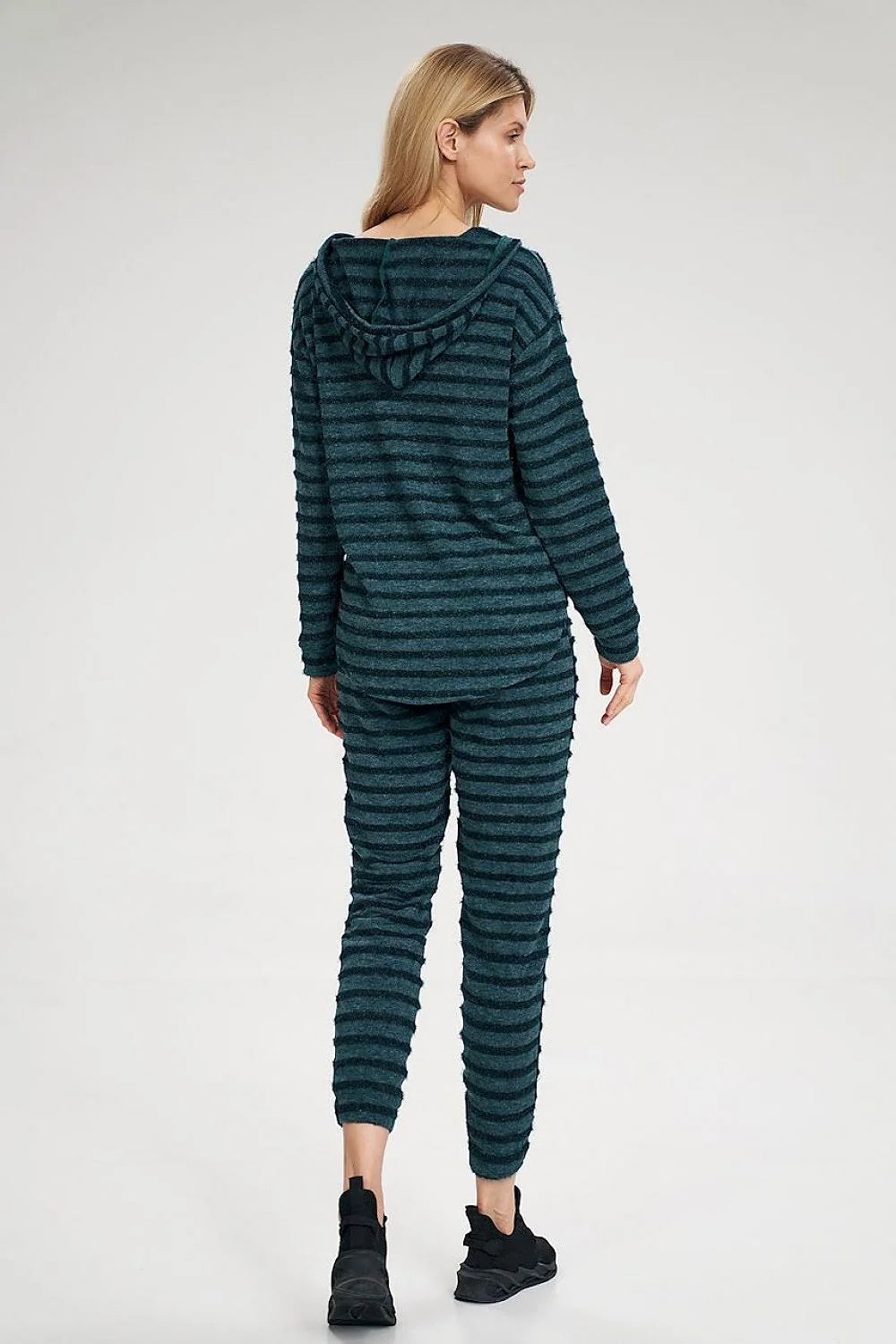 Ensemble mode survêtement femme confortable design décontracté col V manches longues ceinture élastique rayures vertes noires
