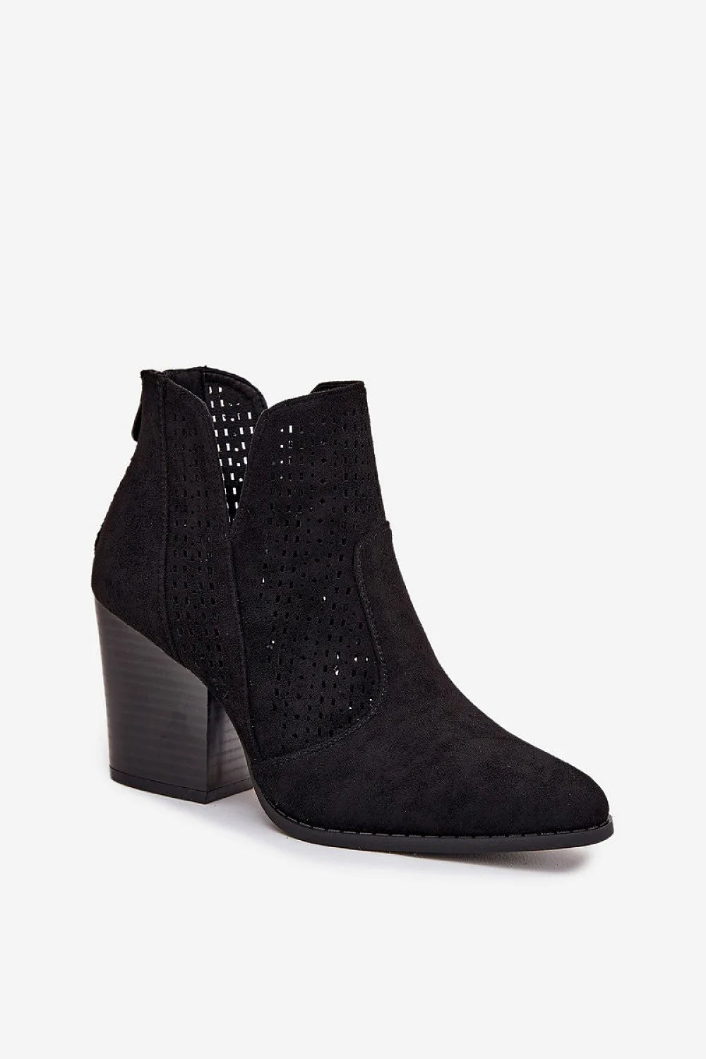 bottines femme suédine écologique noires cheville pointues talon colonne épaisses découpes ajourées fermeture éclair arrière western semelle résistante