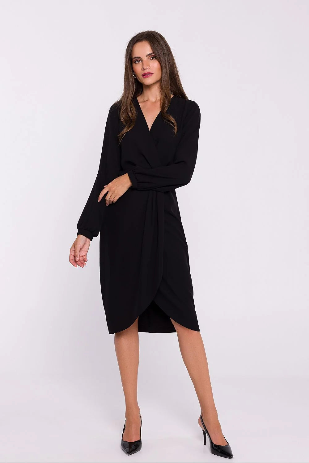 Robe de jour Stylove coupe sablier manches longues noire non doublée élégance portefeuille femme