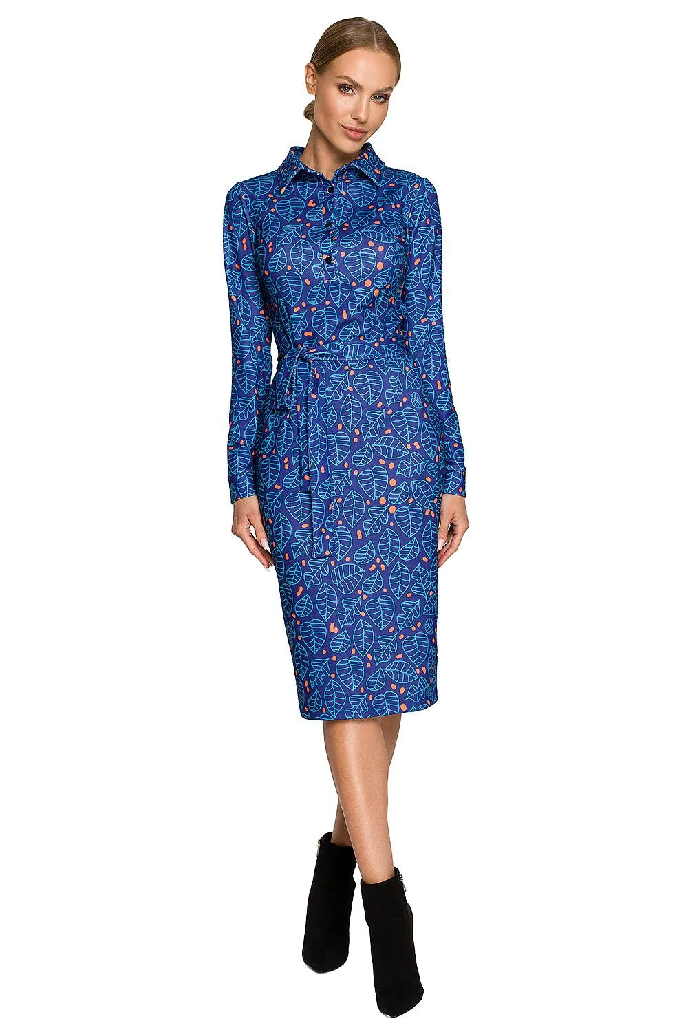 Robe de jour élégante mixte patchwork géométrique floral motifs colorés manches longues col boutonné ajustable polyester elasthanne femmes