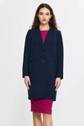 Veste élégante pour femme coupe droite longueur genou bleu marine laine polyester manches longues épaulettes double bouton