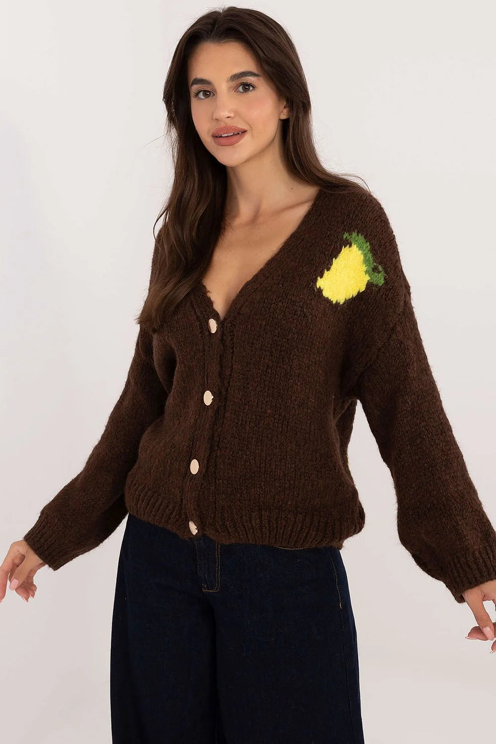 Cardigan décontracté pour femme en tricot épais motifs citron couleur brun profond boutons classiques manches longues