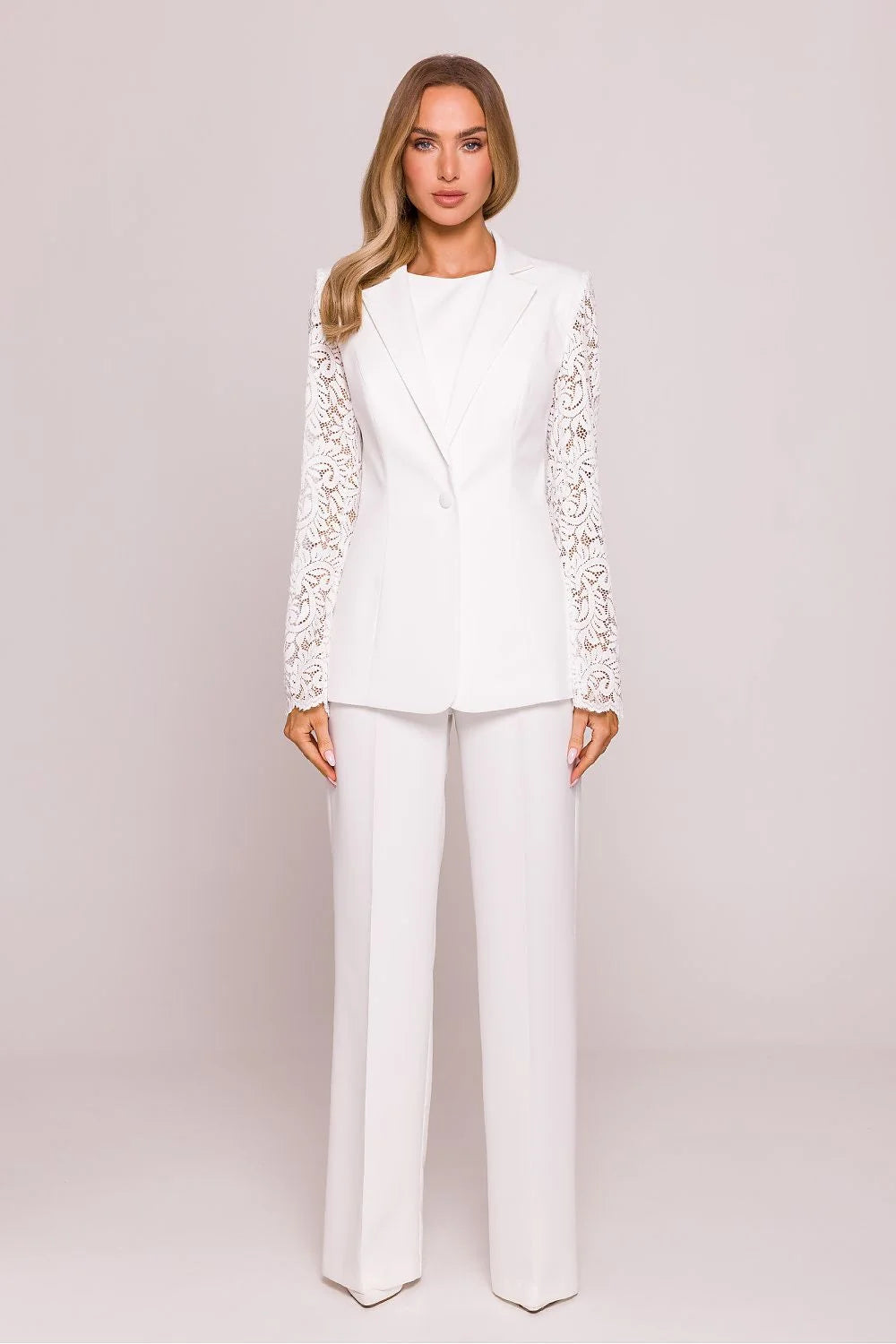 Veste Moe élégante pour femme en dentelle manches longues style formel col classique blanc pur