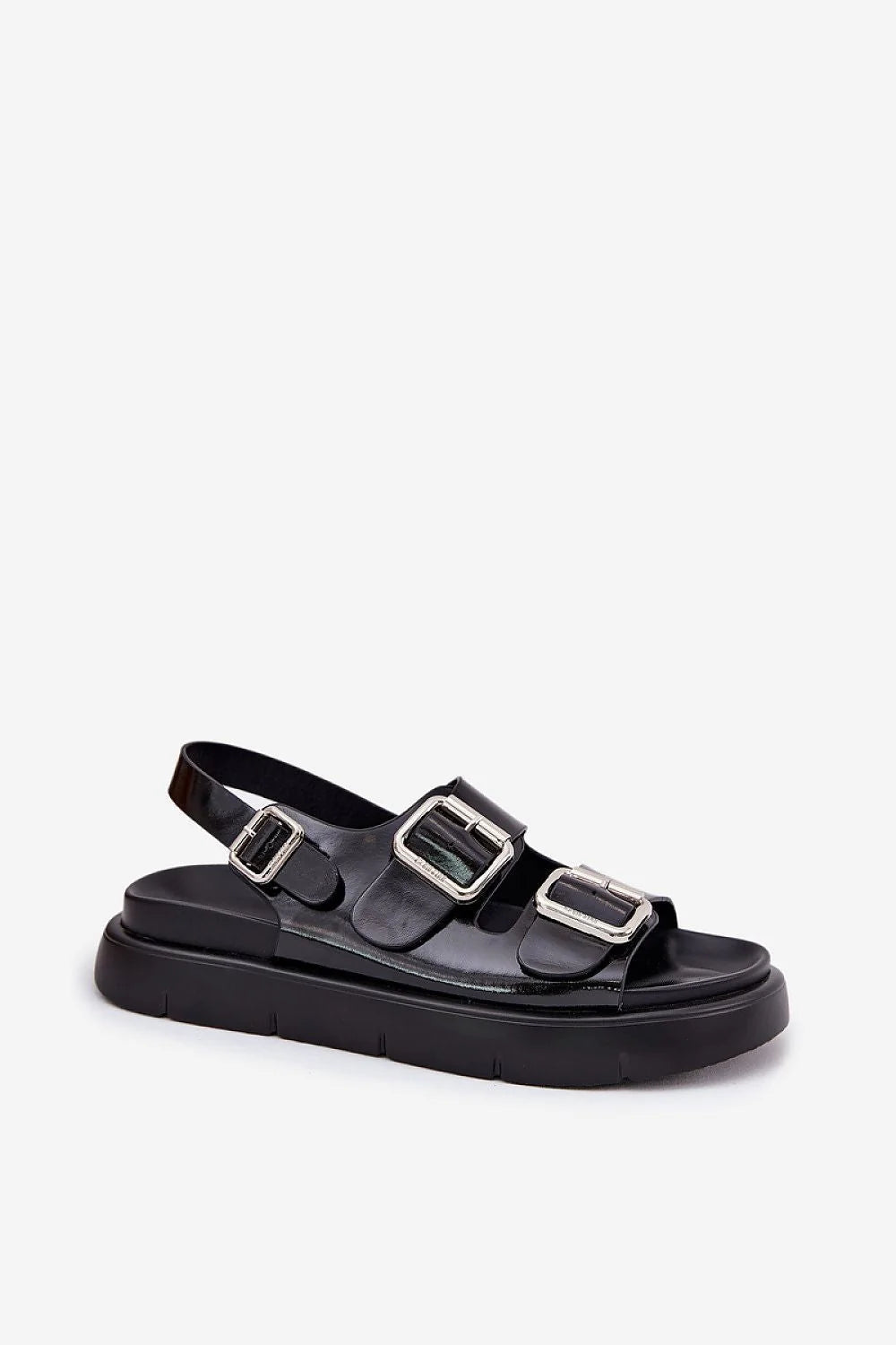 Sandales pour femme design moderne audacieux cuir verni noir boucles argentées plateforme caoutchouc épaisse été 2023