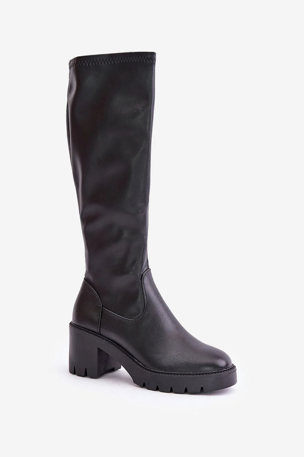 bottes montantes genou similicuir noir mat talon bloc moyen 6cm semelle crantée antidérapante fermeture éclair latérale coupe ajustée