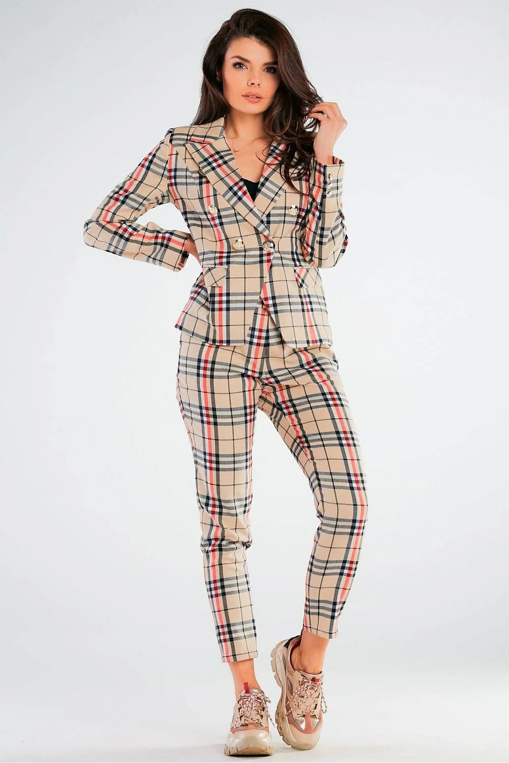 Blazer femme élégant à carreaux houndstooth double boutonnage coupe ajustée épaules structurées doré beige marron noir polyester élasthanne viscose Pologne
