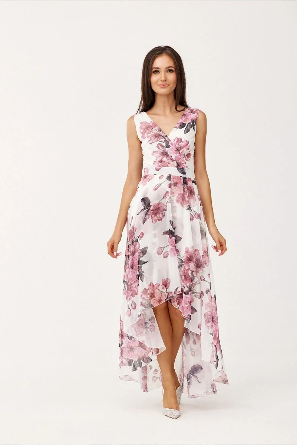robe cocktail longue asymétrique mousseline doublée fluide cintrée décolleté croisé sans manches floral pastel ourlet plongeant volants jupon cousu sophistiquée