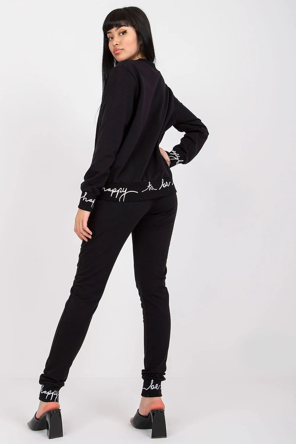 ensemble jogging femme noir zippé veste pantalon slim jersey stretch douce confortable poches latérales lettrage blanc bords côtes zip argenté