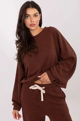 sweat oversize femme molletonné chocolat col rond manches raglan bouffantes longues coupe détendue pantalon jogging taille élastique cordon écru