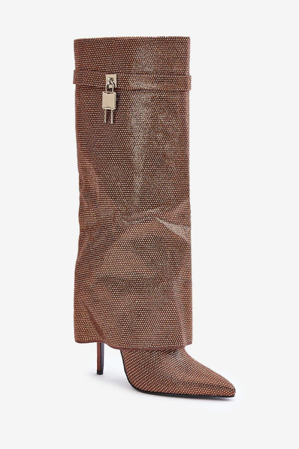 bottes talons aiguilles métallisées cuivrées microstrass bronze scintillant bout pointu silhouette ajustée empiècements guêtre cadenas argenté contrefort rigide glamour soirée