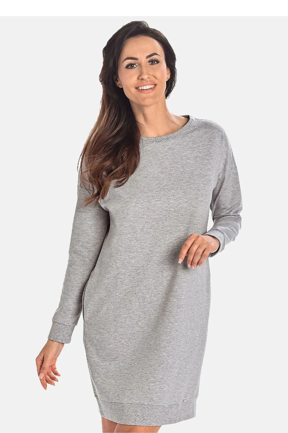 robe femme coupe droite gris chiné genoux coton molleton extensible confortable poches latérales manches longues poignets côtelés encolure ronde logo