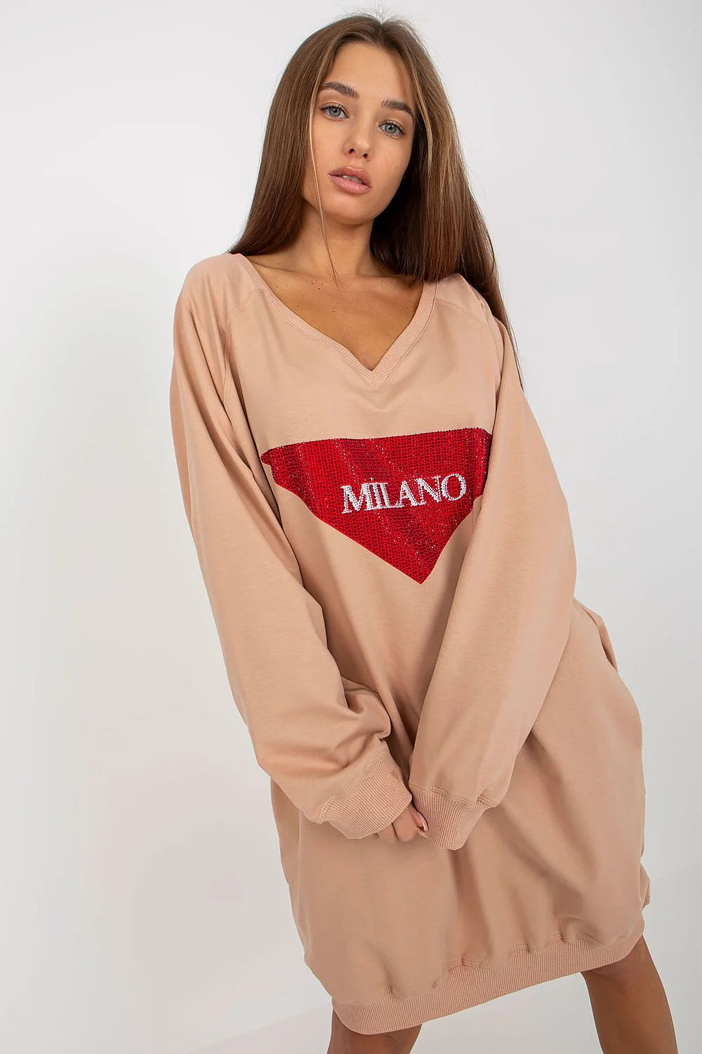 Robe pull femme style décontracté longueur moyenne manches longues col en V paillettes MILANO beige