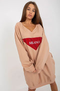 Robe pull femme style décontracté longueur moyenne manches longues col en V paillettes MILANO beige