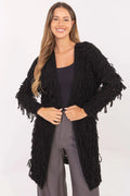cardigan gilet long ouvert franges noir maille grosse oversize manches longues mi cuisses tricot texturé shaggy pendantes bohème chic