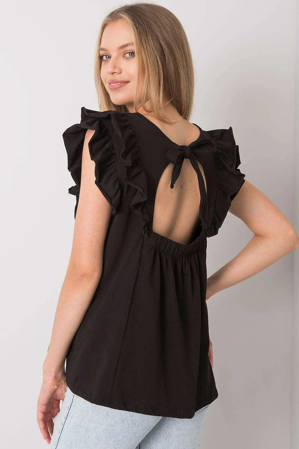 Chemisier Och Bella Chemisier Fille Manches Courtes Volants Élégant Coton Élasthanne Taille Unique Noir